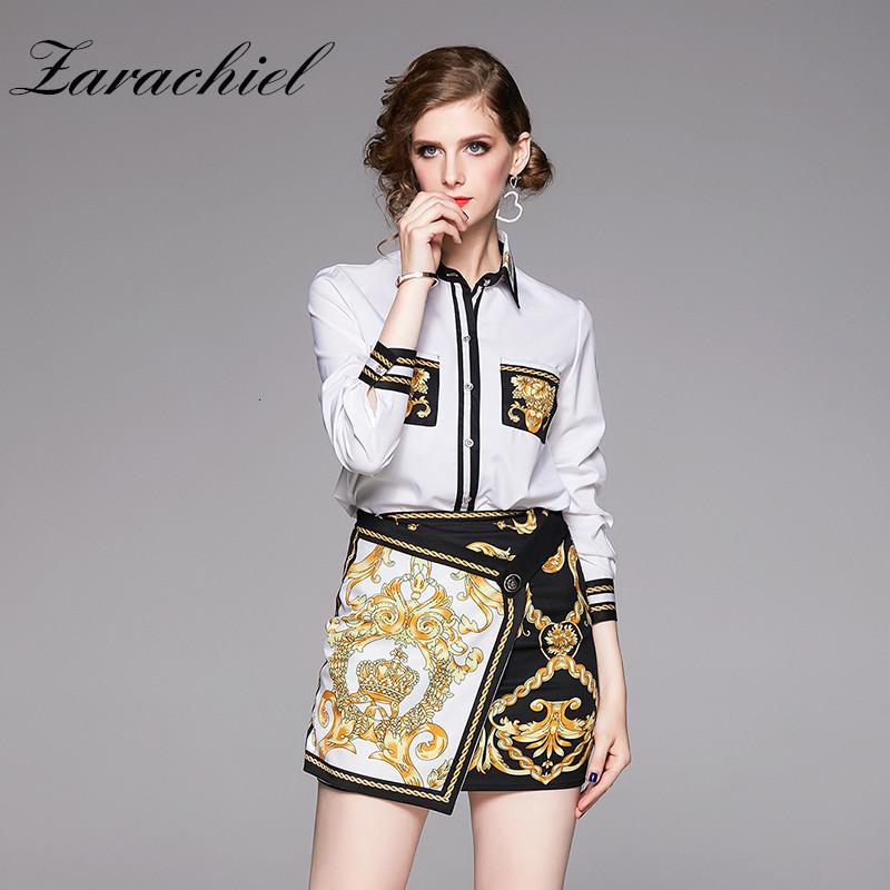 Two Piece Dress Fashion Runway Baroque Printed Suit Set Autumn Women Long Sleeve Vintage Shirt Top + Bodycon Irregular Mini Skirt 2 Pieces, White
Two Piece Dress Fashion Runway Baroque Printed Suit Set Autumn Women Long Sleeve Vintage Shirt Top + Bodycon Irregular Mini Skirt 2 Pieces, White