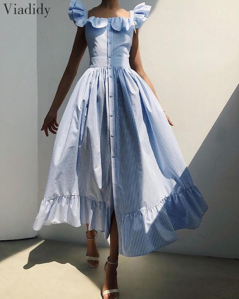 2021striped square neck flutter sleeve sweet dress women ruffles maxi dress, Black;gray
2021striped square neck flutter sleeve sweet dress women ruffles maxi dress, Black;gray