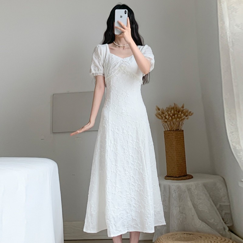Elegant Sweet Retro Dress Women White Beading Square Collar Slim Waist Party for Females Korean Style Summer 210519