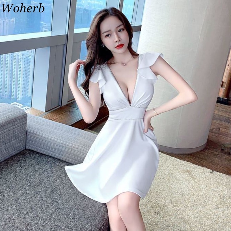 Sexy V-neck Mini Dress Women Elegant Solid Hollow Out Robe Korean Chic Party Dresses Summer Vestido Femme 210519