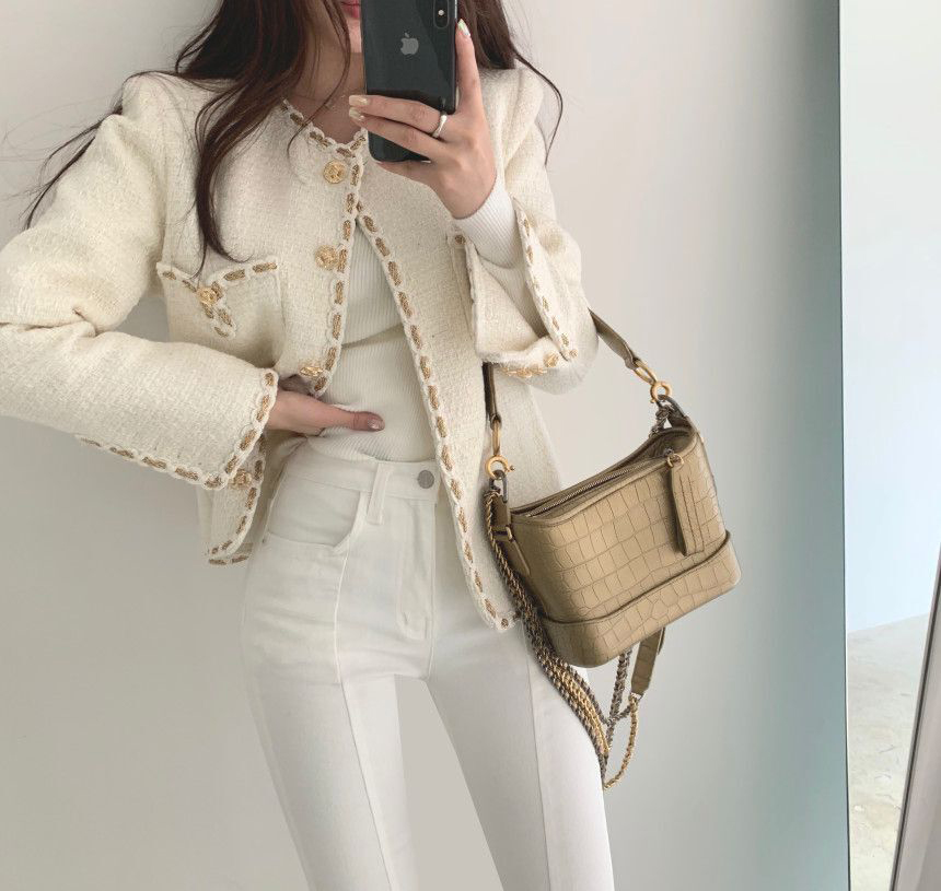 2021 Autumn new design womens o-neck long sleeve tweed woolen solid color gold buttons decoration OL fashion jacket coat