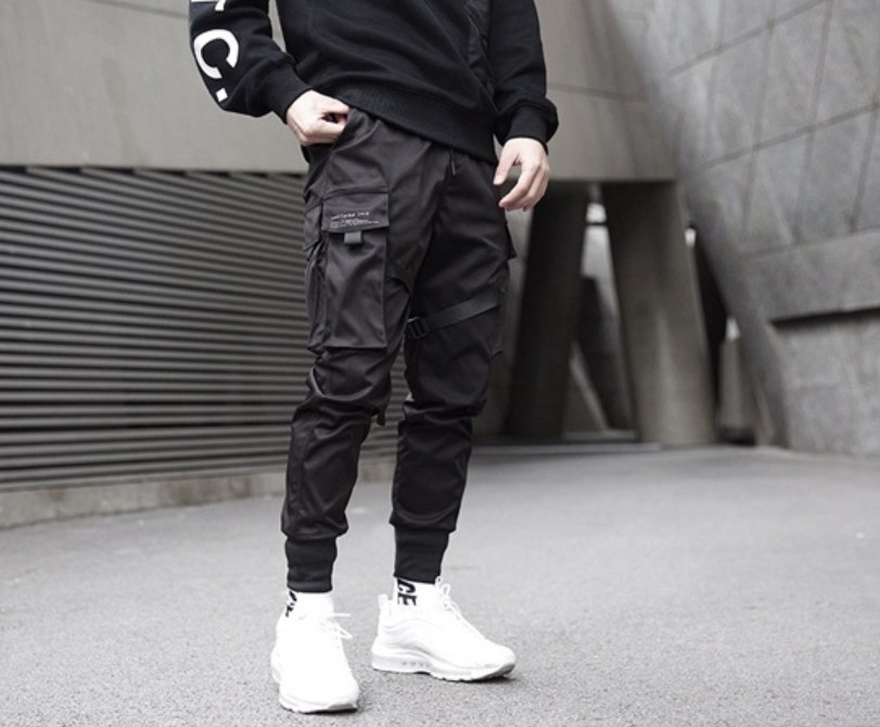 Joggers Men Black Tactics Cargo Pants Hip Hop Streetwear Pencil Sweatpants Ribbon Pocket Trousers Elastic Waist HG094 Men's