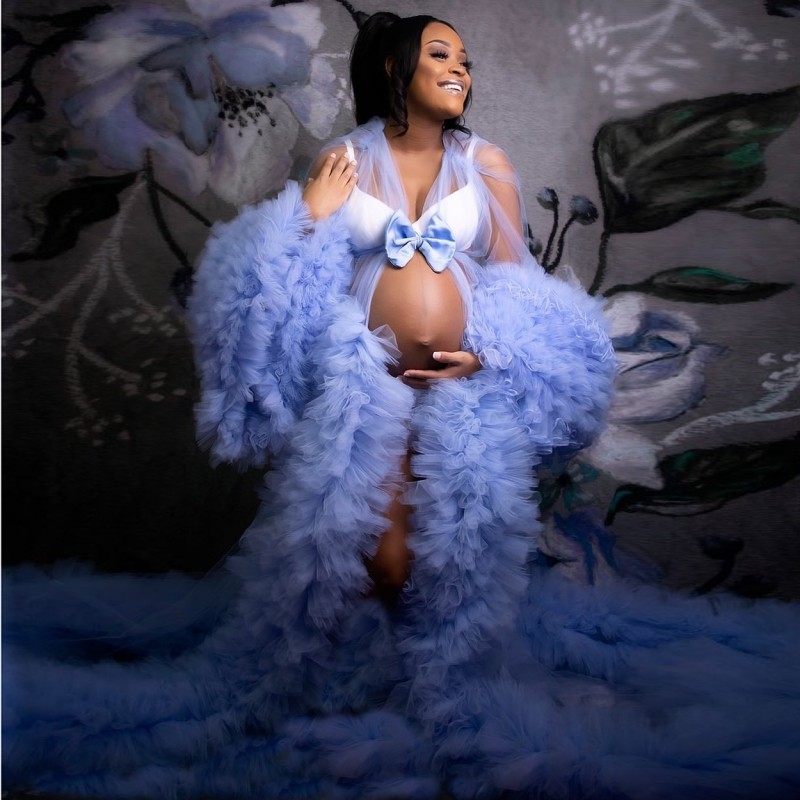 Illusion Sleepwear Tiered Ruffled Maternity Dress for Photoshoot robe de soiree Tulle Bathrobe Sexy Sheer Full Sleeve Evening Dresses
