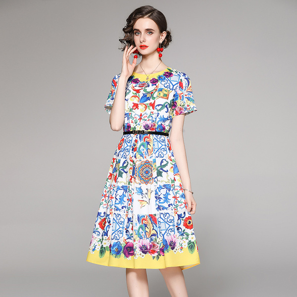 Summer Dress Women's Retro Blue and White Porcelain Floral Print Short Sleeve Midi Dress Vestidos 210518