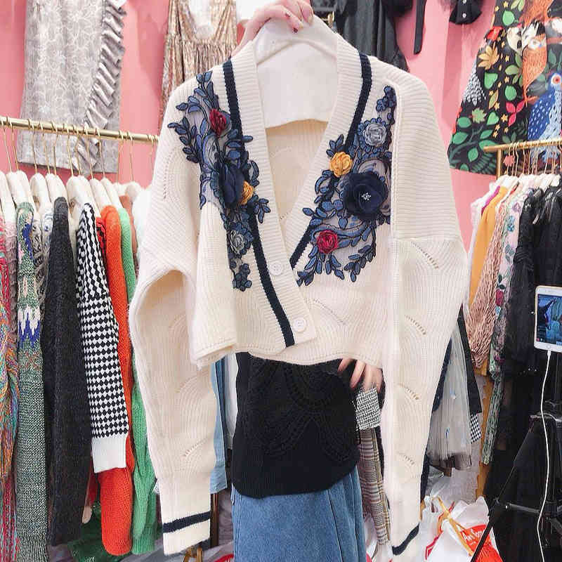 Nomikuma Autumn Korean Knit Cardigan Floral Embroidery Long Sleeve V-neck Sweater Coat Causal Short Knitwear Jacket 6D069 210427