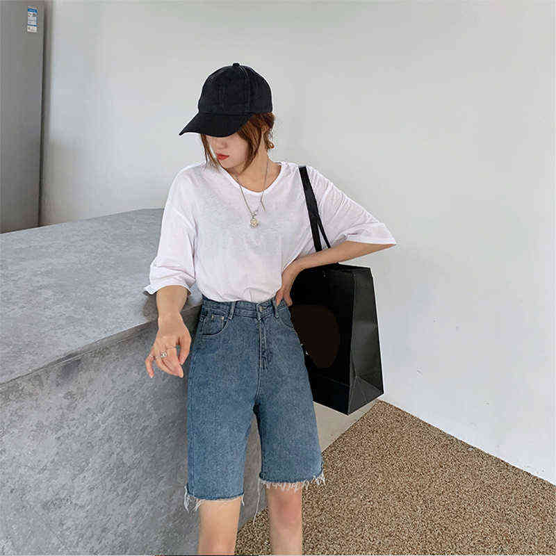 High Waist Slim Denim Shorts Bermuda Plus Size Woman Fashion Tassel Tight Five-point Washed Sexy Female Summer 210714