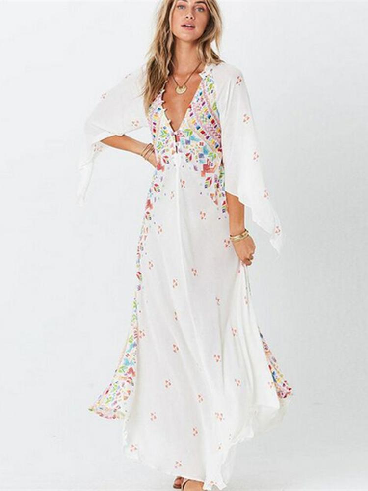 Summer Dress Women 2021 Boho Floral Print Ladies Slim Maxi Flared Sleeve V-Neck Vestidos Elegant Female Casual Dresses