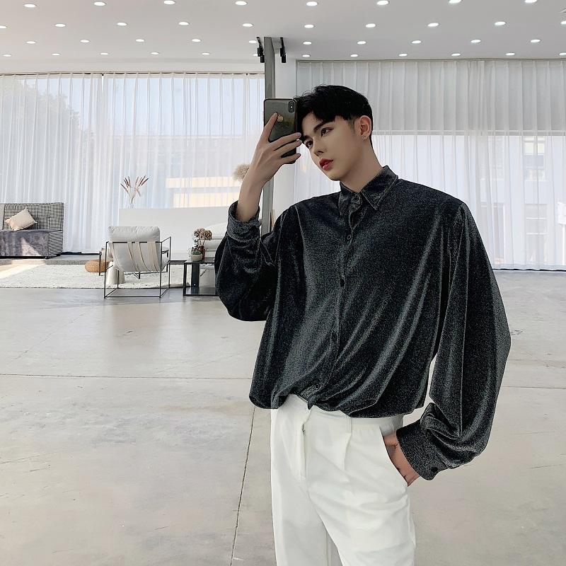 M-XL!Spring Designer Custom Silver Fabric Drape Loose Elegant Shirt Tide Brand Men's Chic Long-sleeved Shirt. Casual Shirts