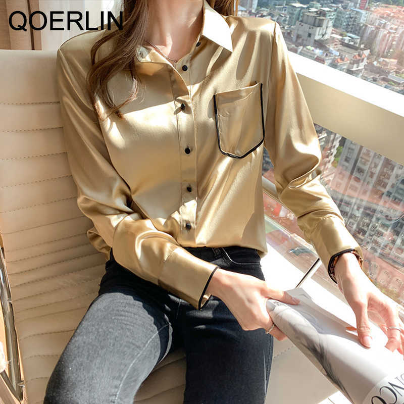 OL Style Ladies Satin Shirt Women Long Sleeve Single-breasted Button Blouse Plus Size Tops Chic Workwear Top 210601