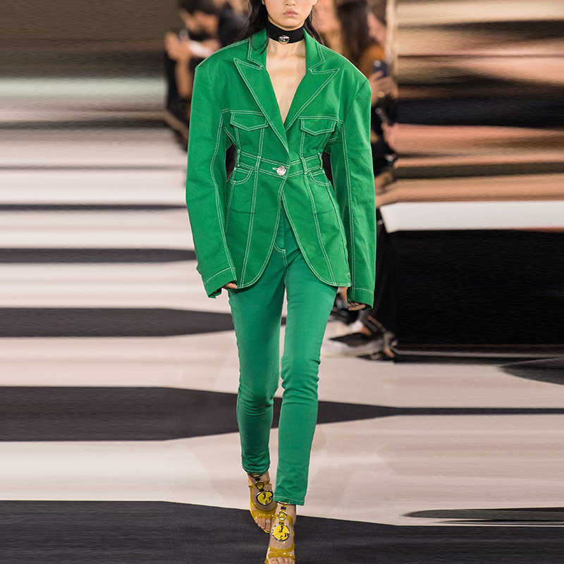 HIGH STREET Runway Stylish Jacket Women's Shoulder Top Stitching Contrasted Single Lion Button Denim Blazer 210526, Green
HIGH STREET Runway Stylish Jacket Women's Shoulder Top Stitching Contrasted Single Lion Button Denim Blazer 210526, Green