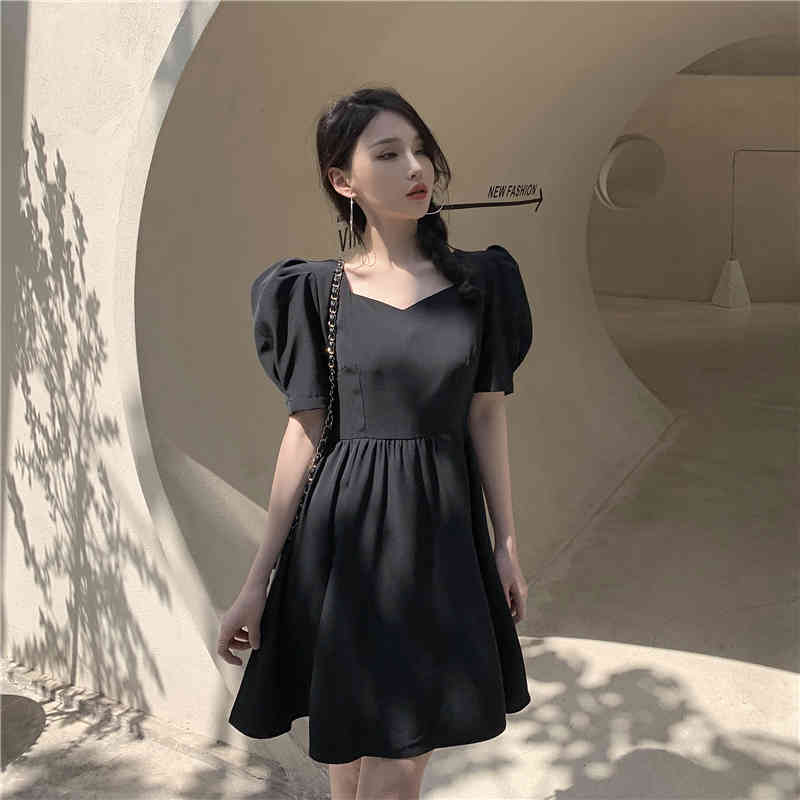 Sexy Sweet Backless Bow Mini Dress Summer Korean Casual Vintage Girl Puff Sleeve Slim Solid Party Dress 210518