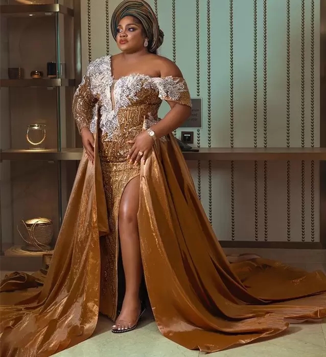 Style Arabic Aso Ebi Mermaid Prom Dresses 2022 with Overskirt Train urious Beaded Gold Lace Sexy Off Shoulder Front Split Pageant Evening Ocn Gowns