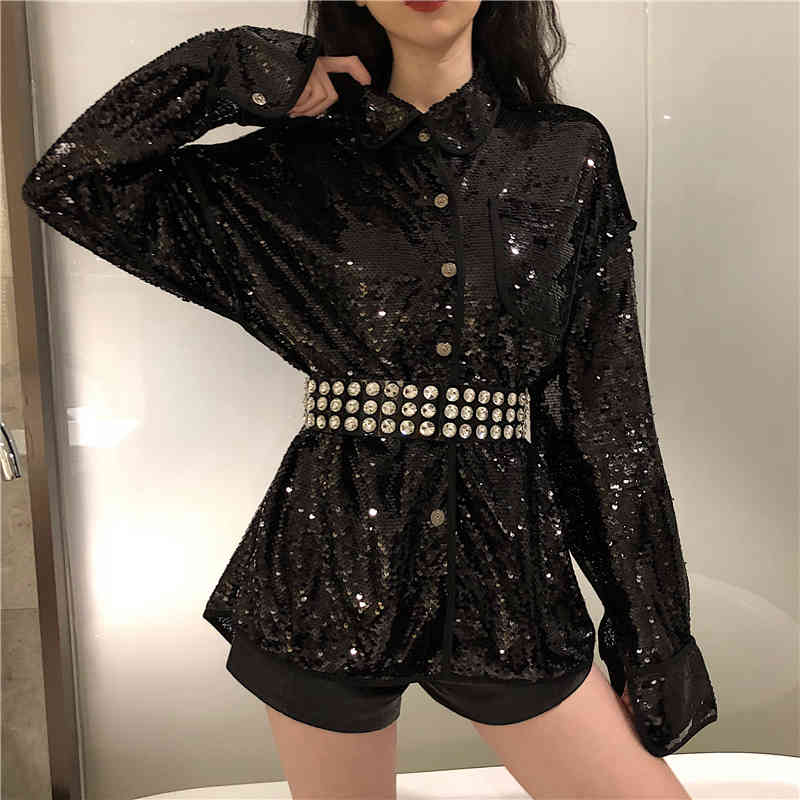 Bling Sequin Blouse Long Sleeve Shirt Women Loose Glitter White Black See Through Top Clubwear Clothes 210427
