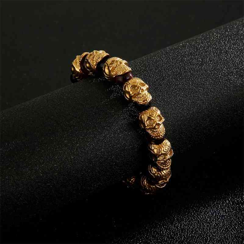 KALEN Punk Skull Charm Bracelet Men Stainless Steel 8mm Natural Stone Beads Beaded Brecelets Male Gothic Jewelry 210323