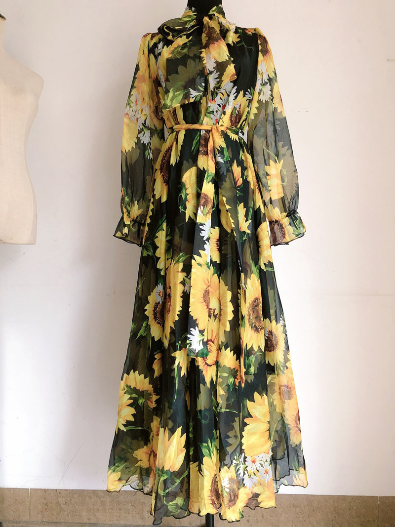 summer maxi dress sun flower printed chiffon loose plus size long party lacr up bow collar beach es vestidos 210421
