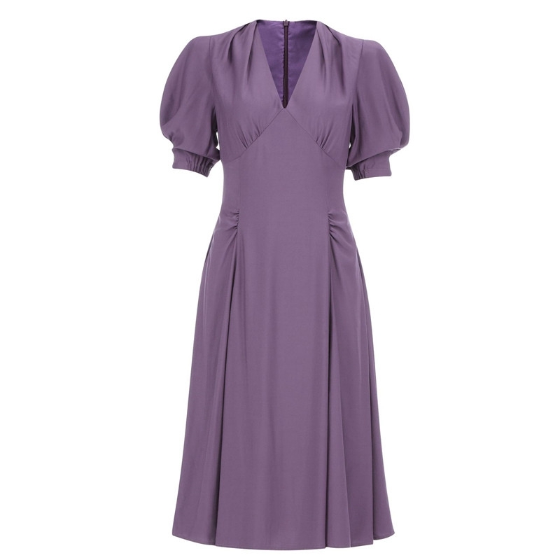 Women's Summer Office Lady Slim High Waist Dress Purple Sexy V neck Women Basic Business Puff Sleeve 210506
