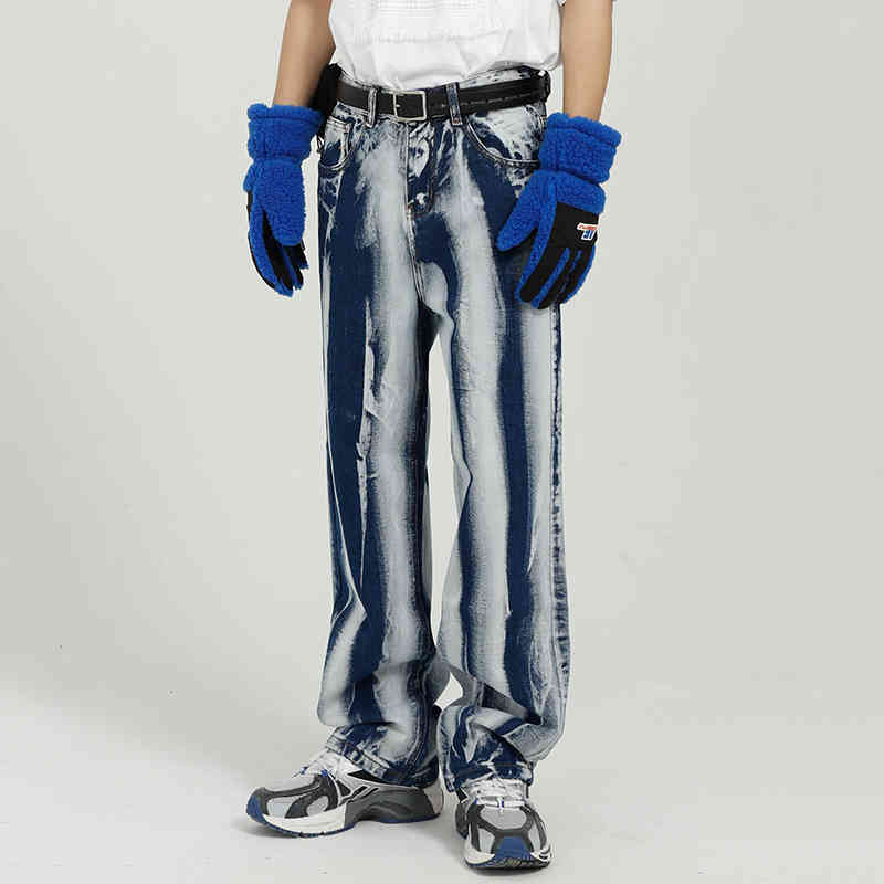 IEFB Tie Dyed Blue Jeans Men's Loose Straight Vintage Streetwear Fashion Denim Casual Pants Male Loose Trousers 9Y7100 210524