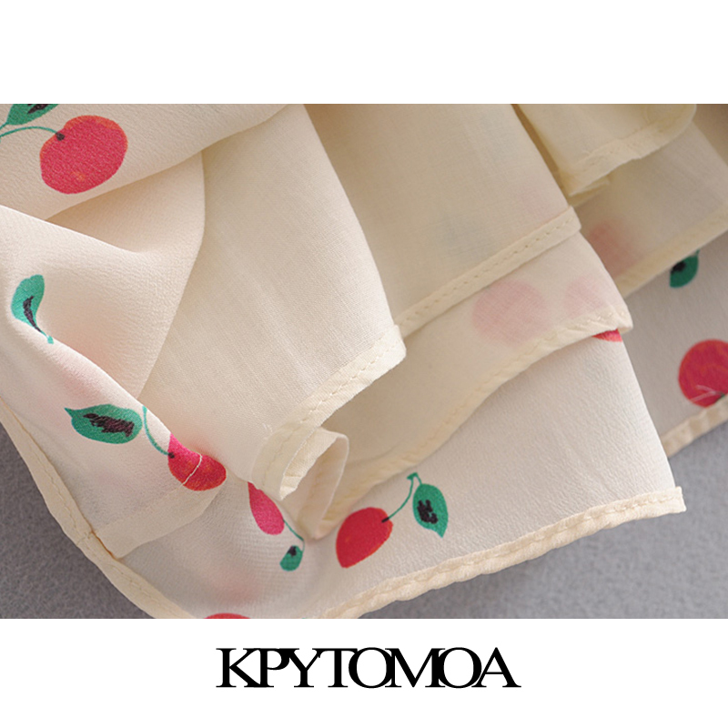 Women Chic Fashion Cherry Printed Buttons Mini Dress Tied Short Sleeves With Lining Female Dresses Mujer 210420