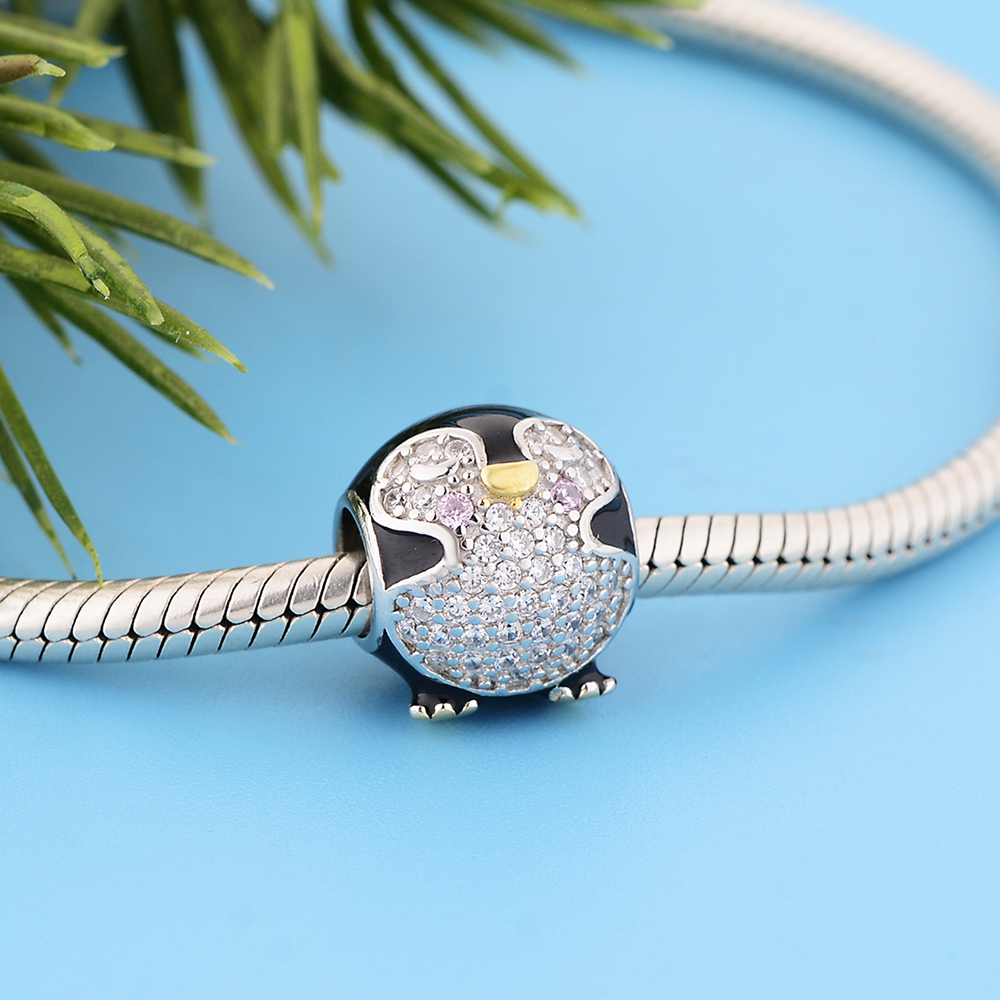 Fit Original Pandora Charm Bracelet Real 925 Silver Black Baby Penguin Gold Color Foot Bead For Making Berloque
