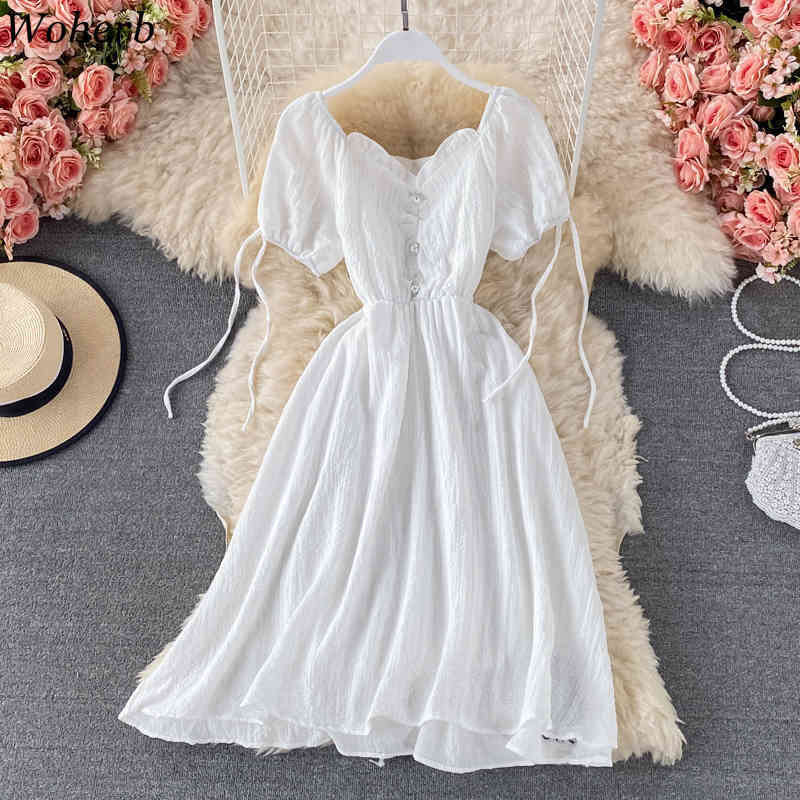 Sweet Dress Women Summer V-neck Slim Waist A-line Vestidos Pleated Puff Sleeve Lace-up Dresses Vintage Robe 4i831 210519