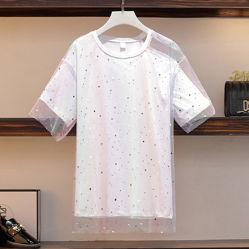 Gradient Short-sleeved Loose Tshirt Female Summer Fake two-piece Mesh Strapless Star Sequins Sunscreen Tees Women Tops 210525, Purple
Gradient Short-sleeved Loose Tshirt Female Summer Fake two-piece Mesh Strapless Star Sequins Sunscreen Tees Women Tops 210525, Purple