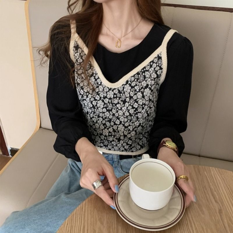 Nomikuma Korean Autumn Women 2pieces Blouse Sets Long Sleeve O-neck Causal Pullover Shirt + Floral Sling Vest New 6D279 210427