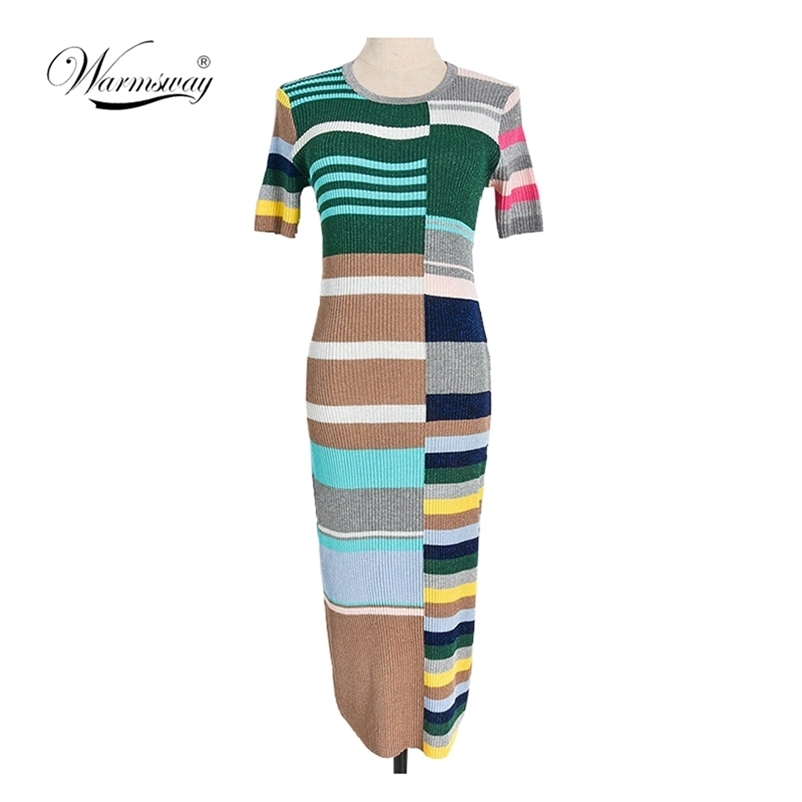 Summer Women 0-Neck Short Sleeve Striped Bodycon Knee Length Dress Sexy Partynight Club Intarsia Sweater C-065 210522