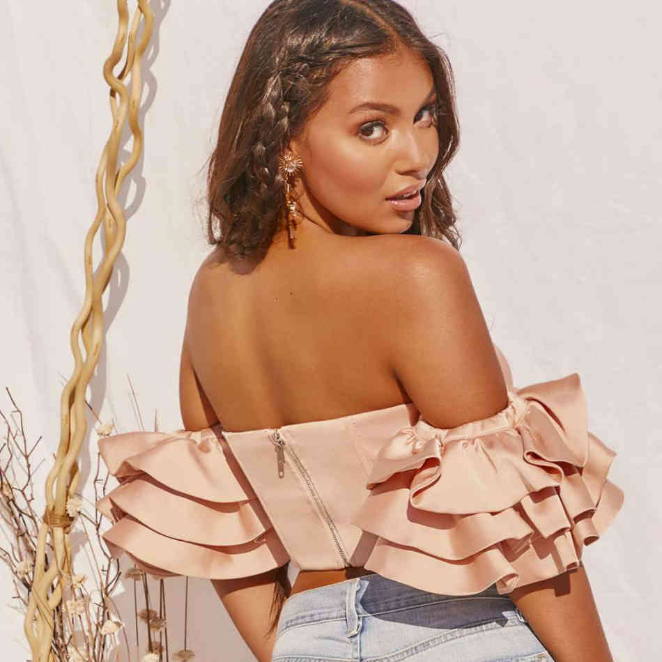 Summer Fashion Apricot Off Shoulder Top Sexy Short Sleeve Women Ruffles Club Celebrity Runway Party Crop s 210423