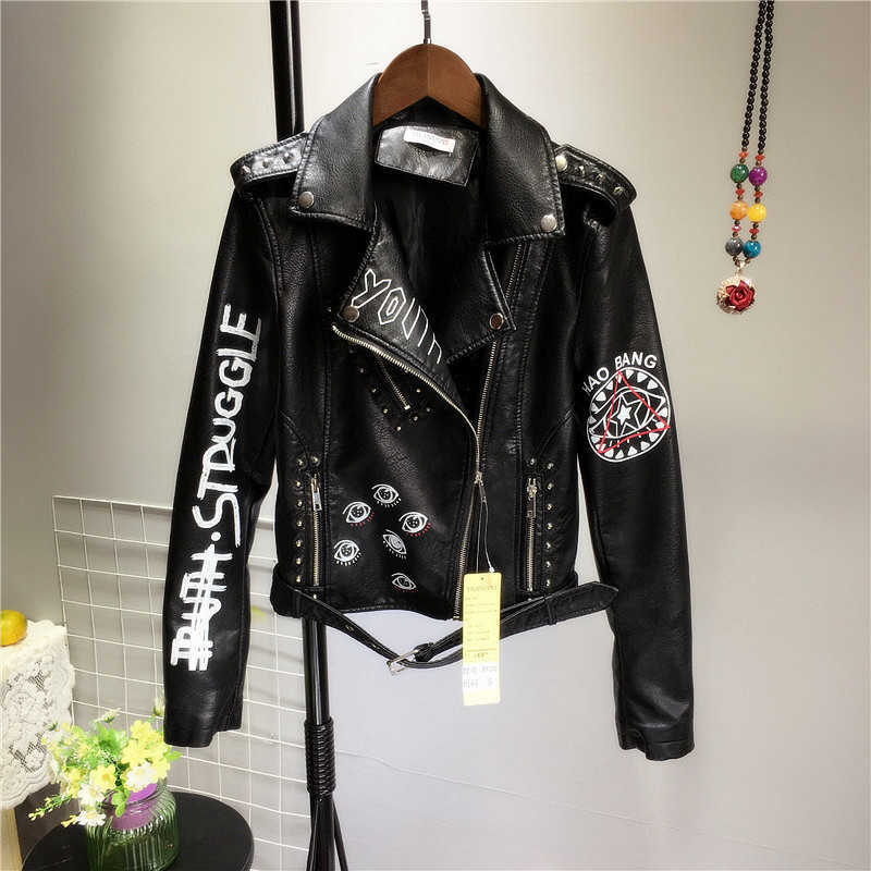 LY VAREY LIN Women Biker Jackets Faux Leather Print Coats Black Rivet Motorcycle Jacket Streetwear Zipper UP Epaulet Outwear 210526