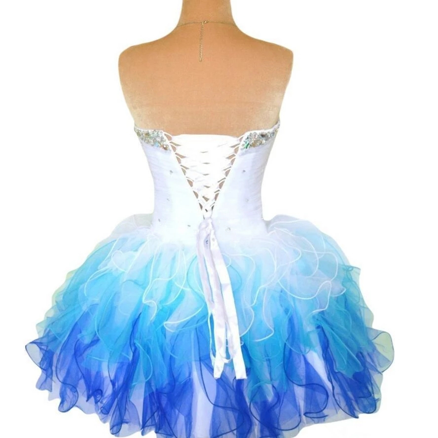 Stock Blue Organza Mini Short Homecoming Dresses with Beaded Crystal Off the Shoulder Lace Up Prom Graduation Cocktail Party Gown QC191