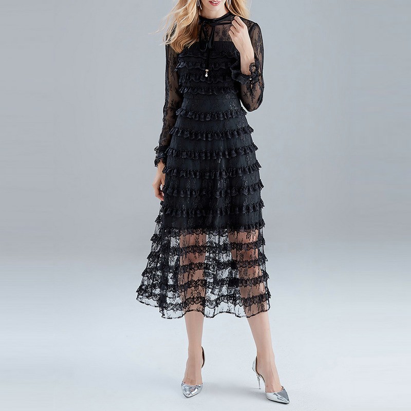 Layer Ruffles Cake spring Dress Women Long Sleeve Bow Mesh Lace Robe Femme Sexy Vestidos Midi Party es 210519
