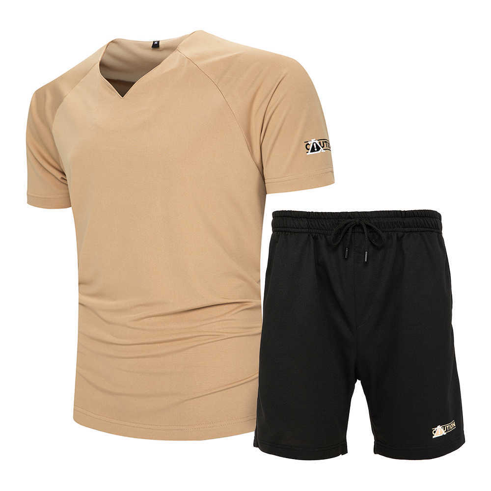 Men Tracksuits Summer Casual Short Sleeve Print Sportswear V-neck T-Shirt+Shorts 2PC Sets Fashion Male Clothes Slim Sports Suits 210603