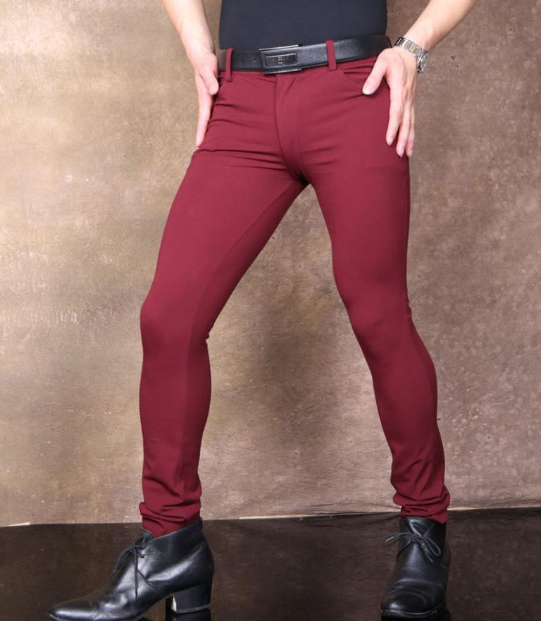 Men Sexy Slim Pants High Elastic Low Waist Trousers Tight Warm Black Burgundy Stylish Men's