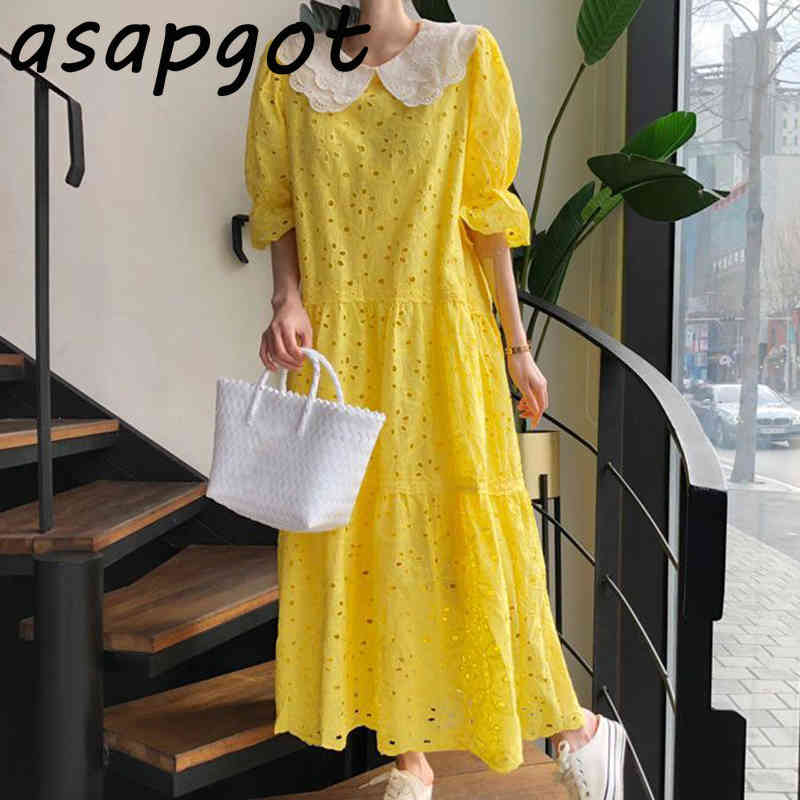 Dresses Chic Korean Sexy Hollow Out Pink Lace Peter Pan Collar Dress Women Flare Sleeve Patchwork Loose Sweet Summer Fashion 210429