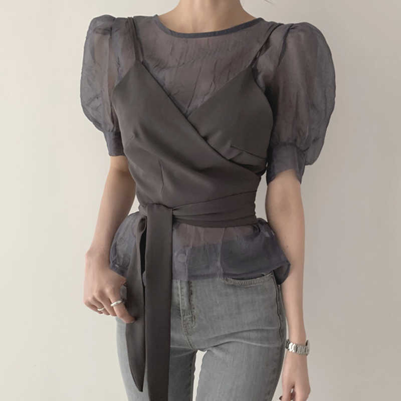 Korejpaa Women Shirt Summer Korean Chic Ladies Elegant Temperament Round Neck Puff Sleeve Blouses Cross Tie Sling Suits 210526