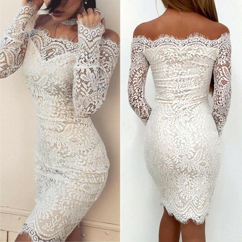 Meihuida 2021 Fashion Elegant White Lace Women Dress One Shoulder Summer Women's Long Sleeve Party Vestido De Mujer Casual Dresses