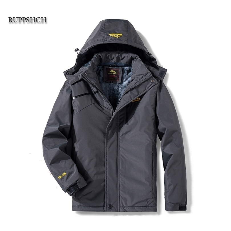Winter Men Casual Windproof Waterproof Thicken Warm Jacket Zipper Hooded Fleece Long Sleeve Solid Color Parka 211214Z
