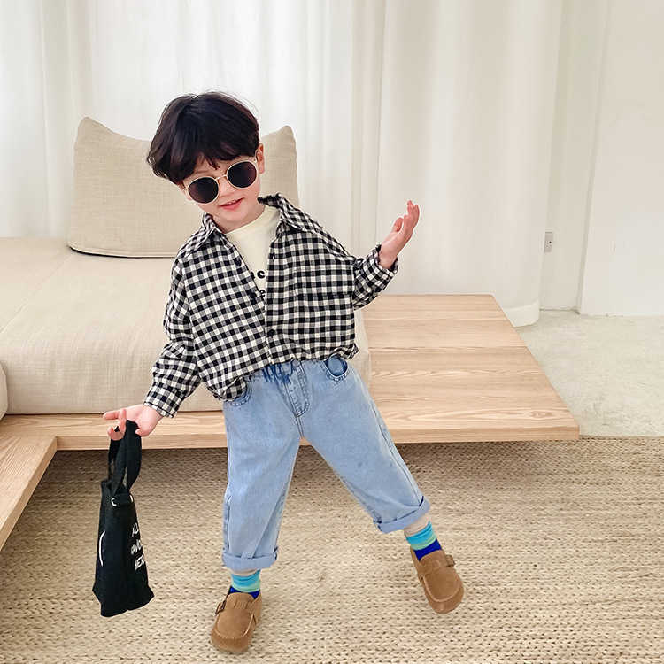 Korean style baby girls fashion plaid shirts cotton soft casual long-sleeved shirt children Tops 210713