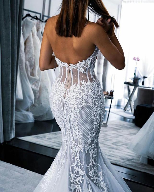 Wedding Arabic Mermaid Dresses Bridal Gowns Pearls Beadings Tulle Sweetheart Sleeveless Illusion Sheer Lace Appliques Plus Size Vestidos De Novia Lz03