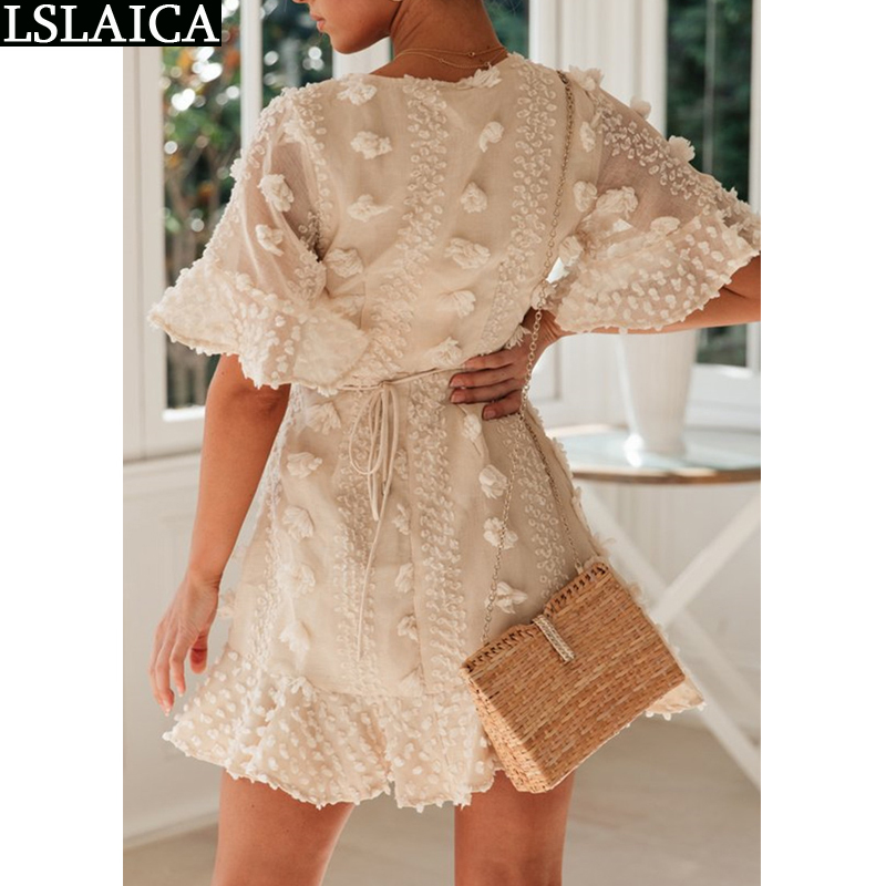 Elegant dress women short sleeve white bandage slim fashion Deep V-neck sexy ruffles mini office party for 210515