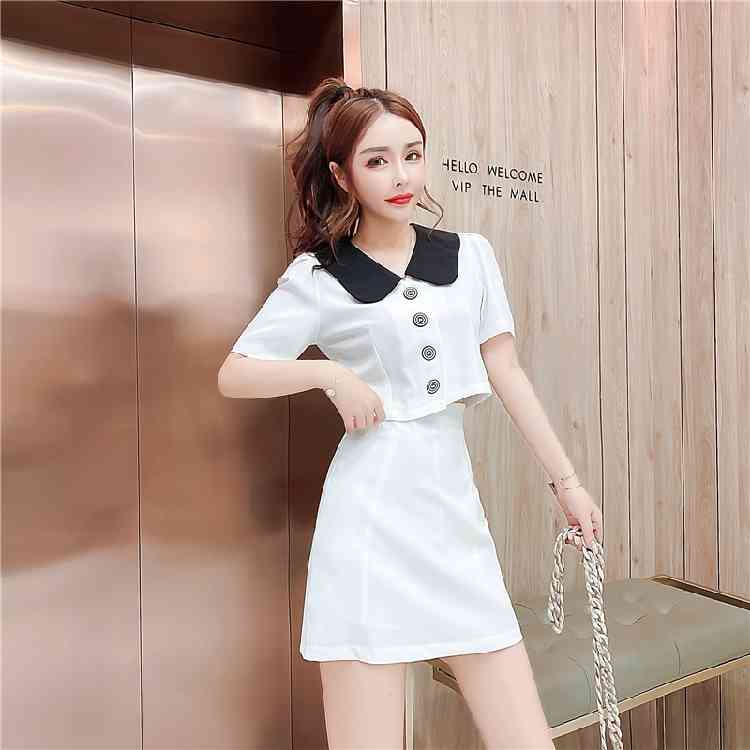 Summer Women Two Piece Set Fashion Hit Color Peter Pan Collar Short Sleeve Shirt Top + High Waist Mini Skirts Outfits 210519