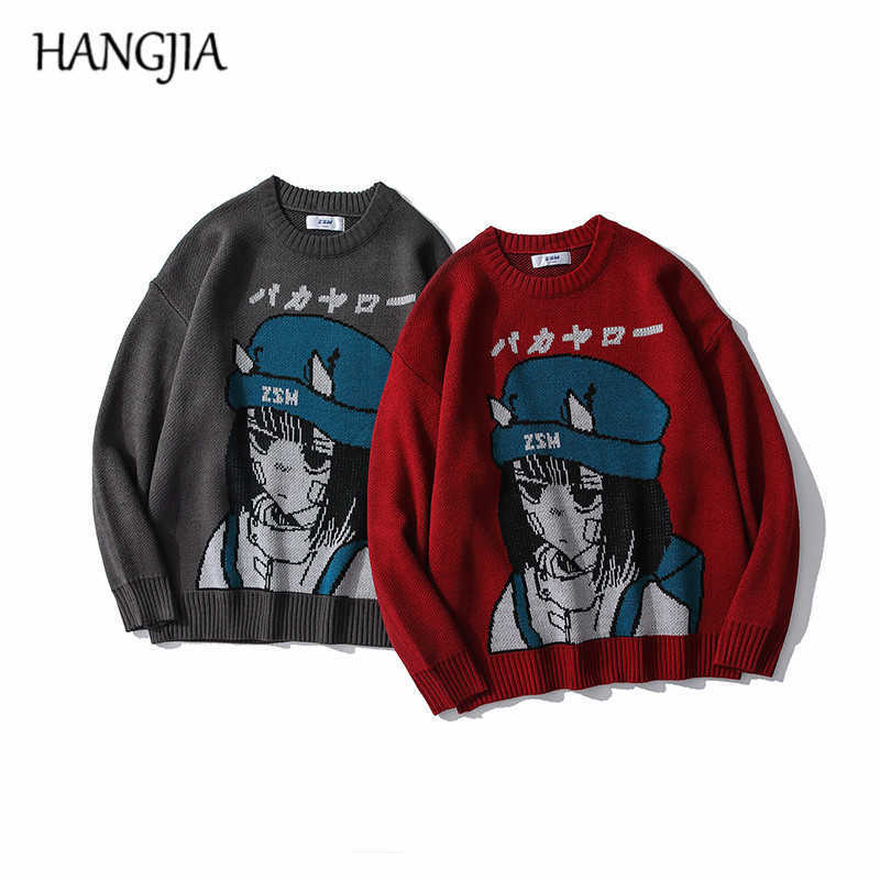 Couple Cartoon Print Sweater Japanese Knitting Pullovers Round Neck Loose Casual Lazy Autumn Winter Knitted Pullover Sweater 211018