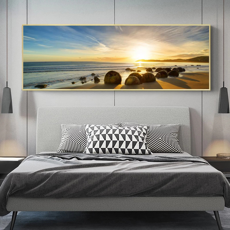Natural Blue Sky Stone Beach Sunset Landscape Posters and Prints Canvas Painting Scandinavian Wall Art Picture for Living Room