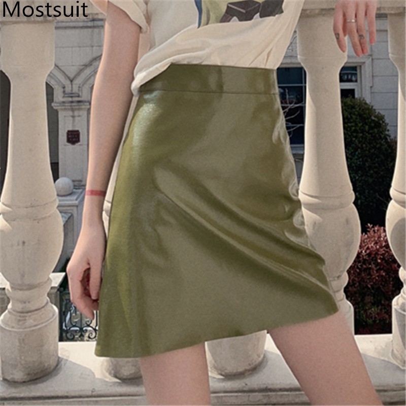 High Waist Patent Pu Leather Women Skirt Zip-up A-line Mini Spring Summer Fashion Ladies Femme 210514