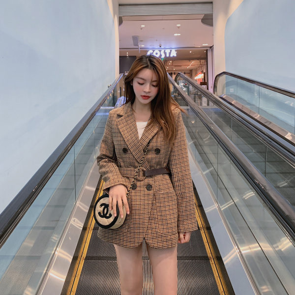 Spring Autumn Women's Sashes Jackets Notched Outerwear England Style OL Vintage Plaid Blazer Woolen Coat Tops Female 210506