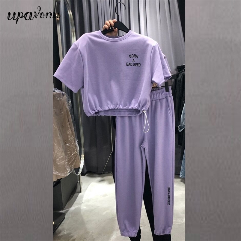 Free Summer Women's Casual Letters Sports Set O-Neck Short Sleeve Drawstring Pullover Top & Trousers Two-Piece 210524