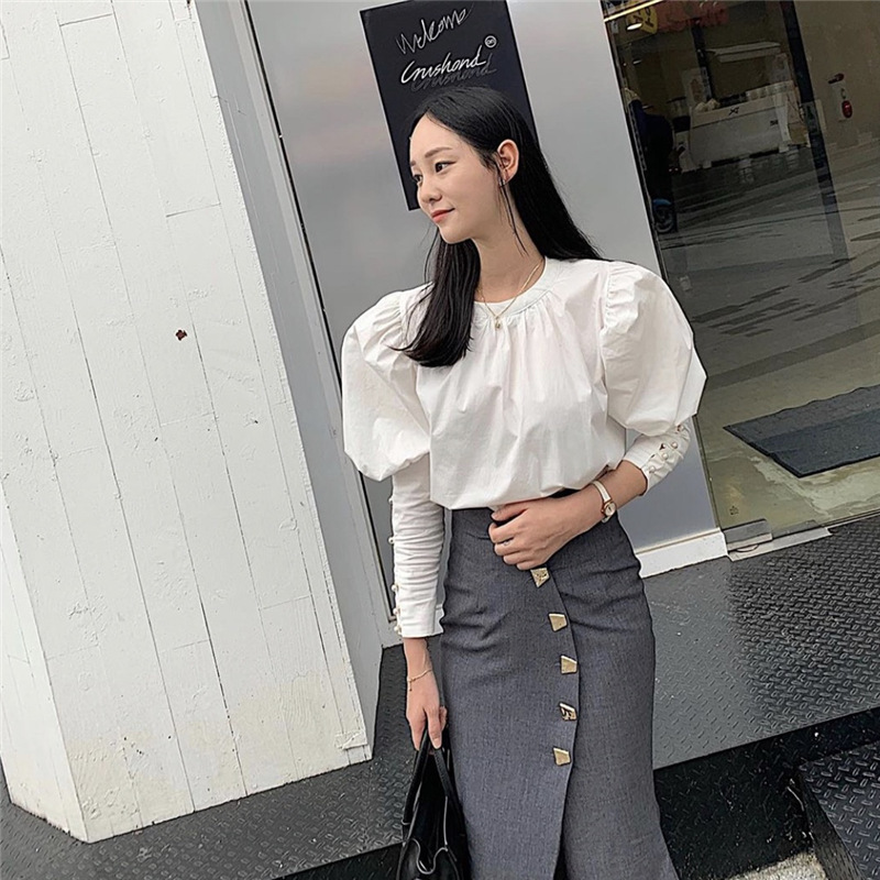Nomikuma Causal O-neck Elegant Women Blouses Korean Buttons Puff Long Sleeve Shirt Autumn New Solid Blusas Mujer 6D204 210427