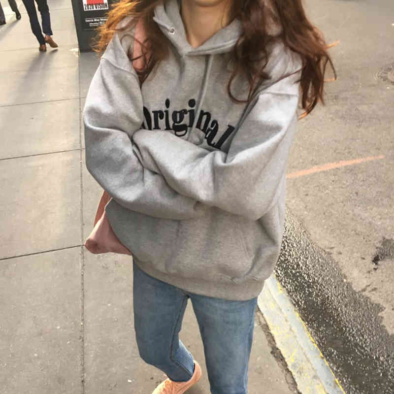 Nomikuma Women Hooded Sweatshirt Korean Letters Printed Hoodies Autumn Winter Plus Velet Long Sleeve Pullover Hoody 6C496 210427