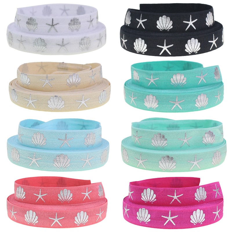 5/8" Silver foil shell starfish fold over elastic FOE ribbon Ocean series for headband ties welcome custom printed
5/8" Silver foil shell starfish fold over elastic FOE ribbon Ocean series for headband ties welcome custom printed