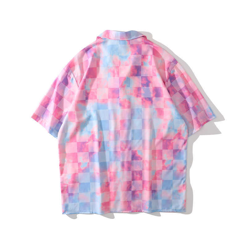 Pink Plaid Polo Shirt Men Women Summer Turn-down Collar Thin Material Beach Shirts 210603